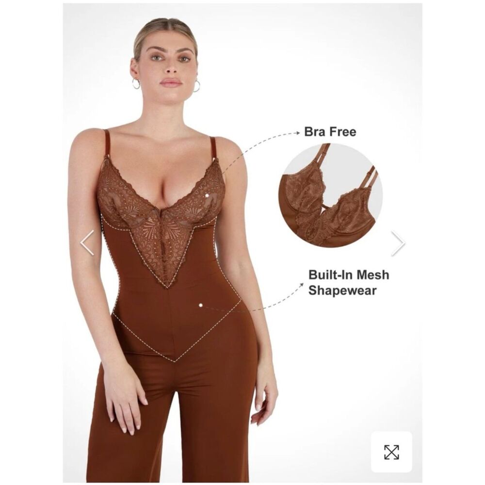 Popilush Lace Deep V-Neck Wide-Leg Shapewear Slip Jumpsuit